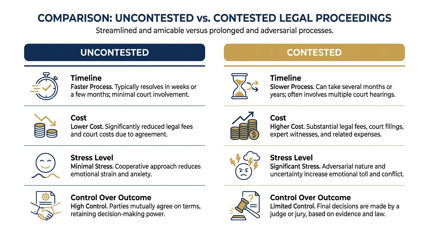 Infographic comparing uncontested and contested divorce in Michigan