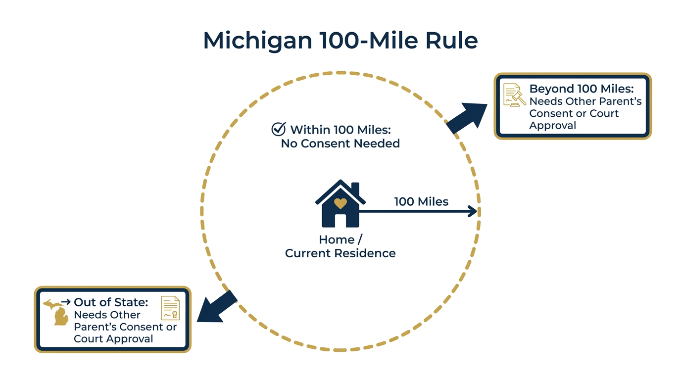 Infographic explaining Michigan's 100-mile relocation rule